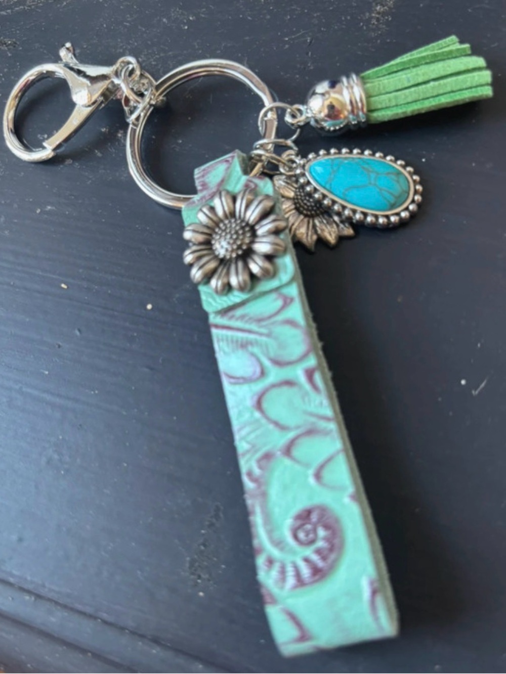 Myra Bag Turquoise and Light Green Floral Leather Tassel Keychain